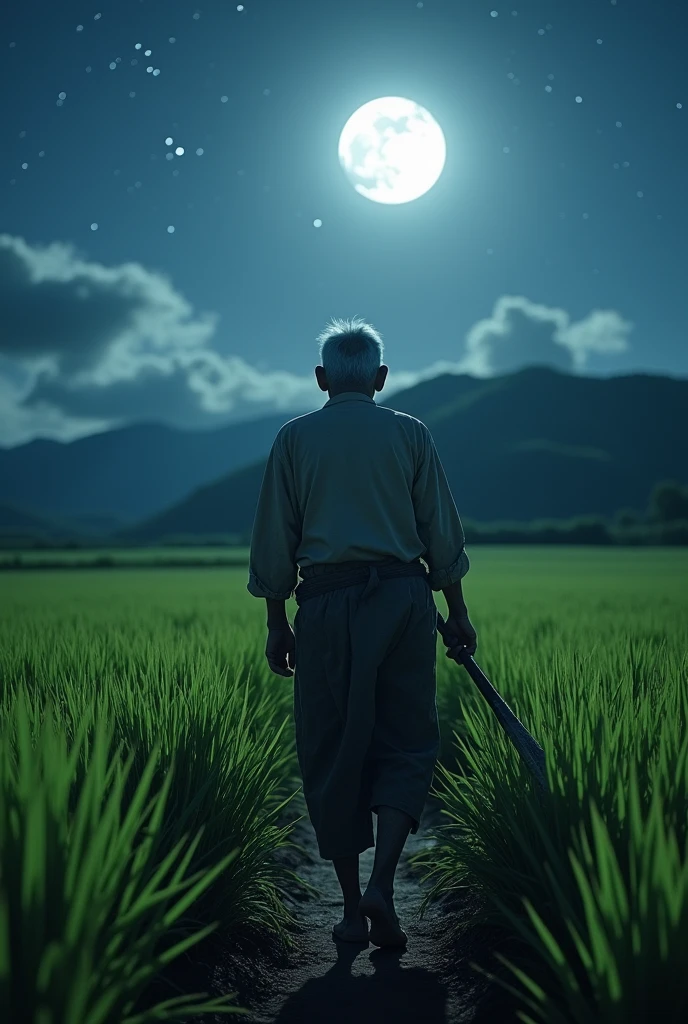 A quiet moonlit night, The old farmer went to cut rice in the field.