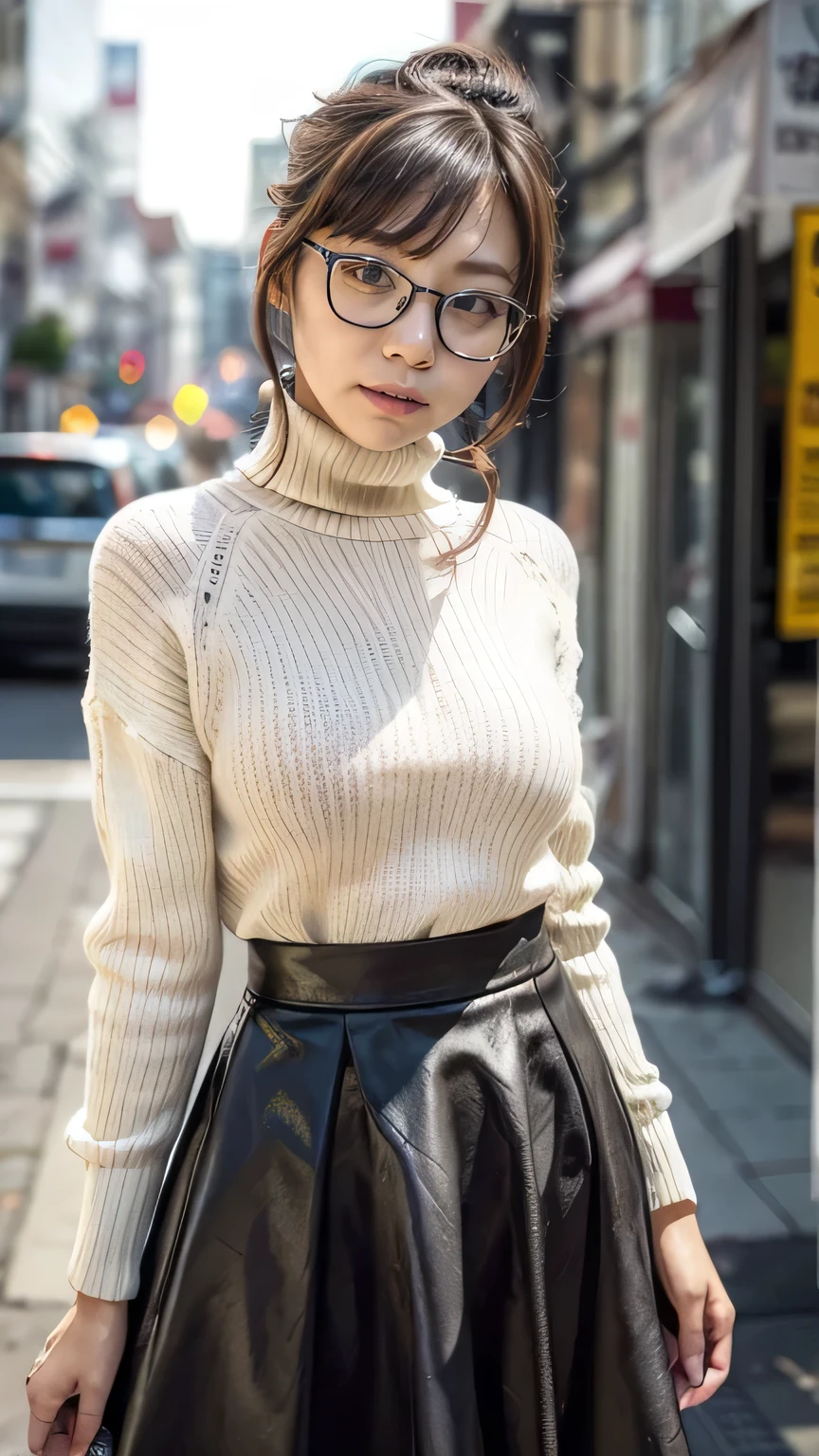 (A Japanese woman standing facing this way:1.4、A woman arguing with a stern look on her face、Hold up your finger and look here)、(Realistic、Like a photograph、Live Action、8k, Realistic, RAW Photos, Best image quality: 1.4), Single-lens reflex camera、RAW Photos, Highest quality, Realistic, Very detailed CG Unity 8k wallpaper, Written boundary depth, Cinematic Light, Lens flare, Ray Tracing, Realistic background、(Wearing glasses、tight turtleneck long sleeve knit:1.4、Tight long skirt:1.3、Small breasts)、((Ultra-dense skin))、 Cute Japanese Woman、((whole body:1.5),short hair:1.2、Short Ponytail、tie your hair with a hair clip、I like that style、stylish、Very detailed、Pay attention to the details、Perfect outfit、(Sunburned skin)、View from the front