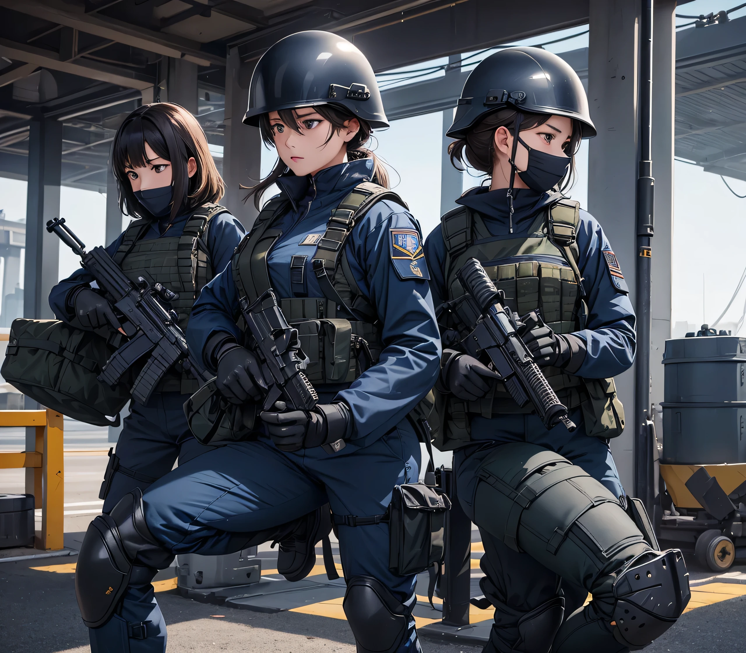 A group of female special forces soldiers wearing helmets，Wearing navy blue uniform、Military Pants、Individual equipment set、Knee pads、Naval port terminal，Write details、masterpiece、best quality、Highly detailed CG、8K picture quality