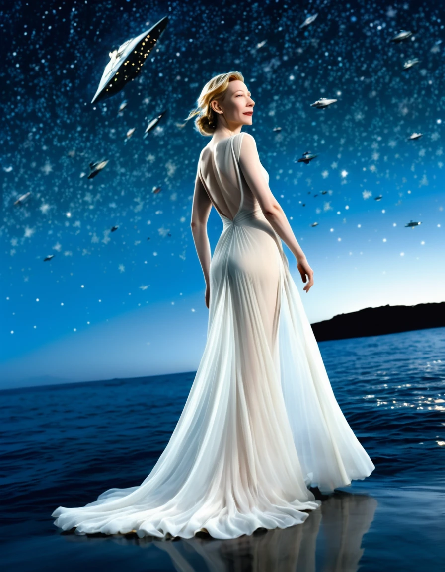 Cate Blanchett (5, airy sheer white elegant gown), camera low looking up at her butt a starry sky, a few tiny space ships fly across the sky, lush ocean world
