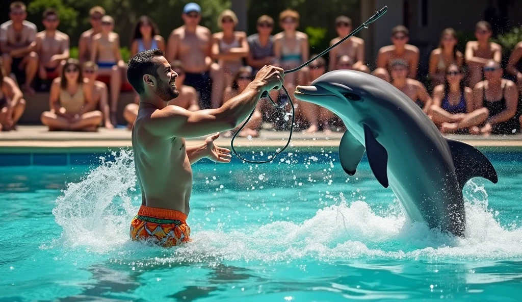 A man teaches a dolphin tricks in a pool、Humans are screaming、Man has a whip