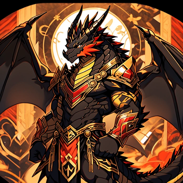 Naked black dragon head, huge black dragon wings, golden dragon horns, golden and red patterned boy, a black and gold loincloth, red and black outer armor