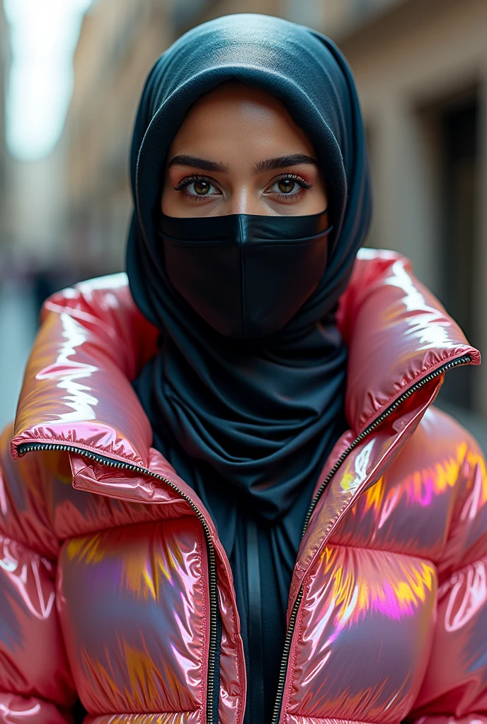 close up beautiful 30 year old hot girl.
She wears a very shiny plastic hijab on her head.
with a very shiny black plastic mask on his face.
wearing a long shiny plastic puffer jacket.
she wears a long traditional Arabic Caftan dress made of very shiny plastic.