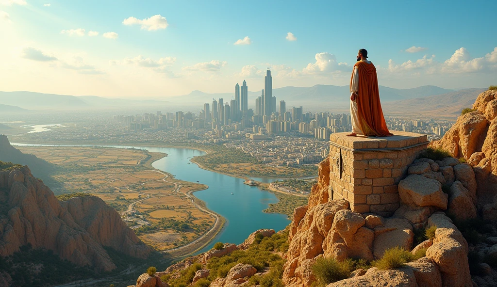 Create an image of Israel as a prosperous city surrounded by different types of landscapes – mineral-rich mountains, rivers full of fish, and productive agricultural fields. Each landscape represents a form of investment, and the city in the center symbolizes the wealth and prosperity that result from a diversified strategy. Solomon can be seen from the top of a tower or hill, with a panoramic view of the city and the various sources of wealth around it, planning how to expand and protect your resources.