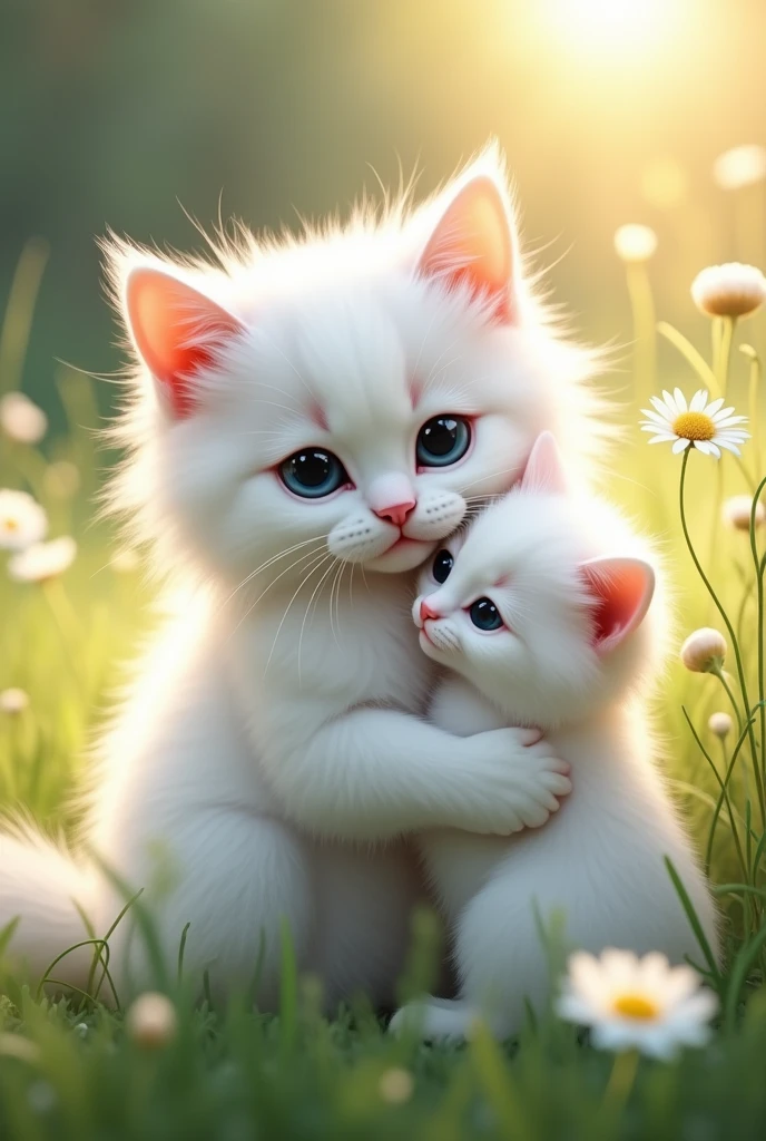 a white cat hugging its white kitten, extremely detailed, 8k, high resolution, realistic, photorealistic, detailed fur, cute expression, soft lighting, pastel colors, whimsical, adorable, beautiful, natural setting, outdoor scene, peaceful, serene, calming