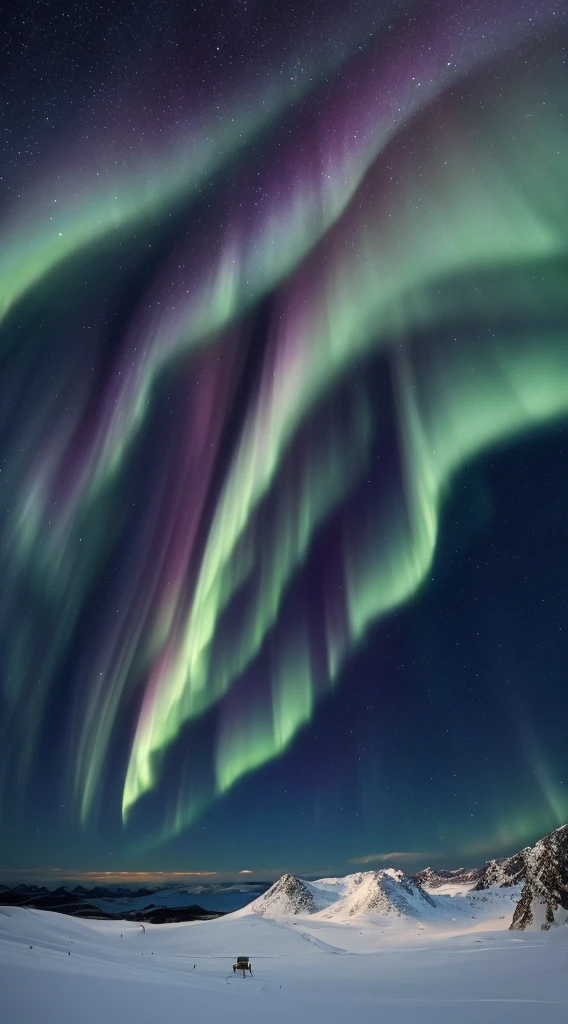 masterpiece, Highest quality, Photorealistic, finely, Ultra-high resolution, 16K wallpaper, Perfect dynamic composition, Winter night sky, Brightly colored aurora borealis, A starry sky, Snow Mountain