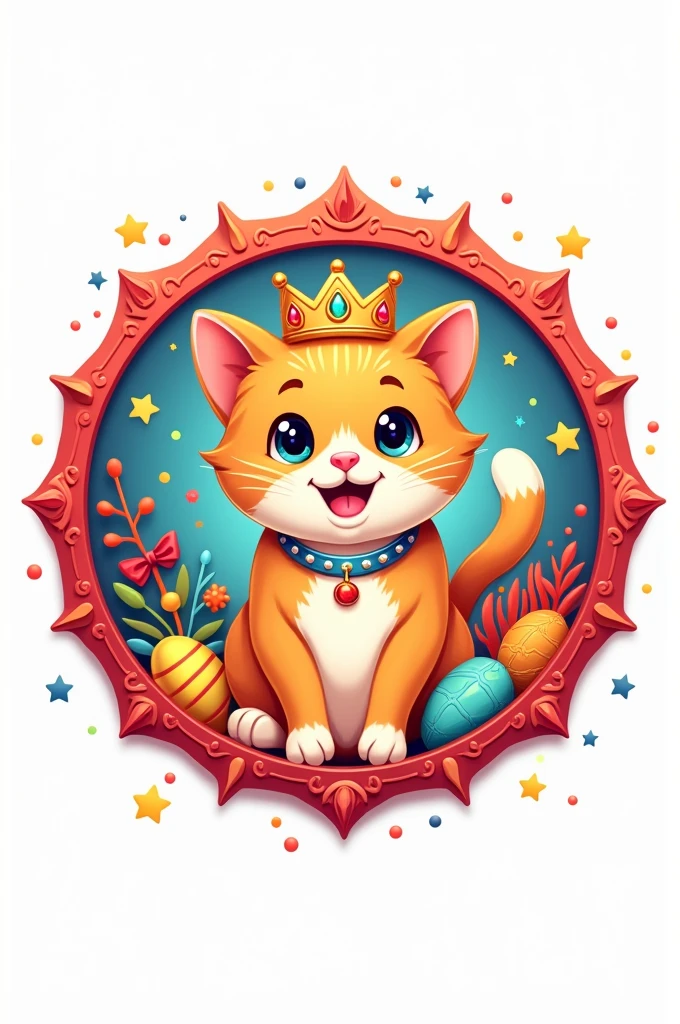 Develop a vibrant emblem logo for 'Jessir Duniya' featuring a Cat wearing a tiny crown and sitting inside a decorative frame adorned with pet accessories like toys and treats. Use a colorful palette of red, yellow, and blue to convey a sense of joy and celebration. The logo should be eye-catching and festive against a white background.