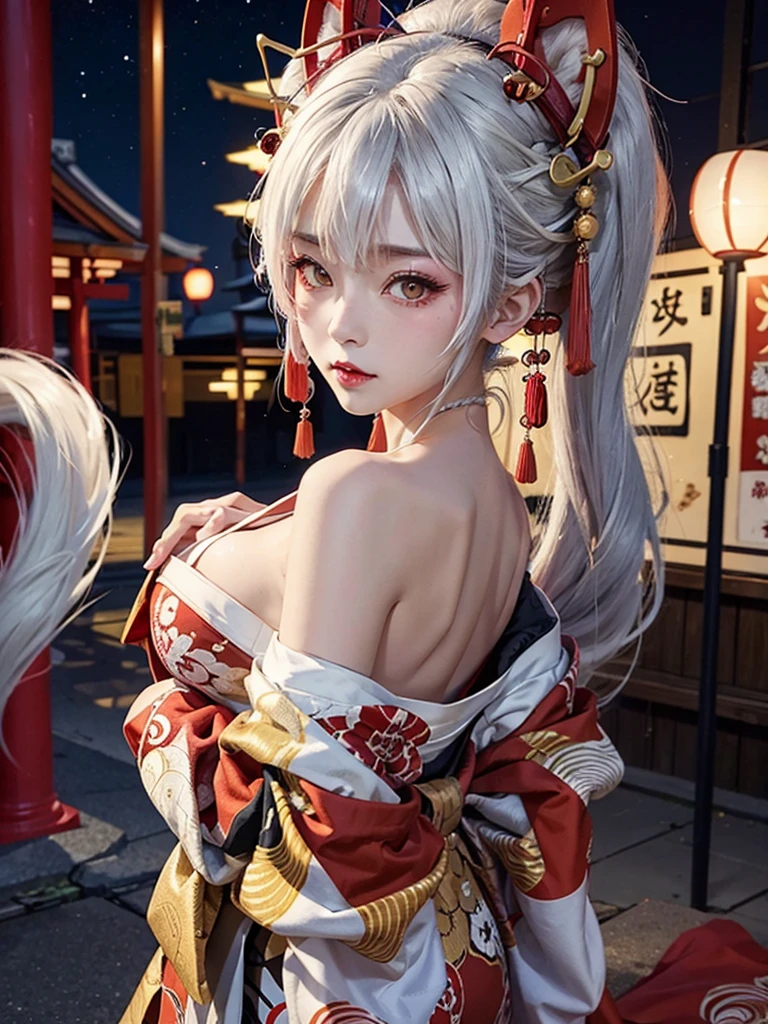 fox girl,3tail,fox ear on head,white hair,oiran,kimono,big breasts,night street,have one's shoulders exposed,blush,