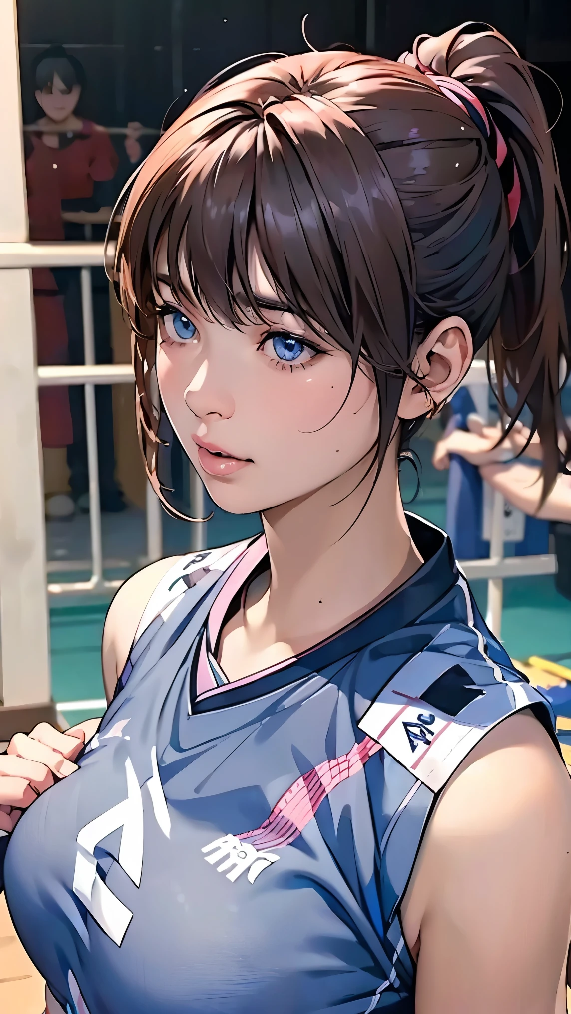 perfection、masterpiece、(Highest quality、High resolution:1.2)、 1 person、Beautifully detailed eyes、Beautiful pink lips、Highly detailed eyes and face、Bright colors、HDR、Studio Lighting、Ultra-high definition painting、Sharp focus、Physically Based Rendering、Extremely detailed depiction、moderate bust、perfectionな形、Facing the viewer、Sweat、Volleyball Player、((Sleeveless blue volleyball uniform))、ponytail、gym、Close-up of face、