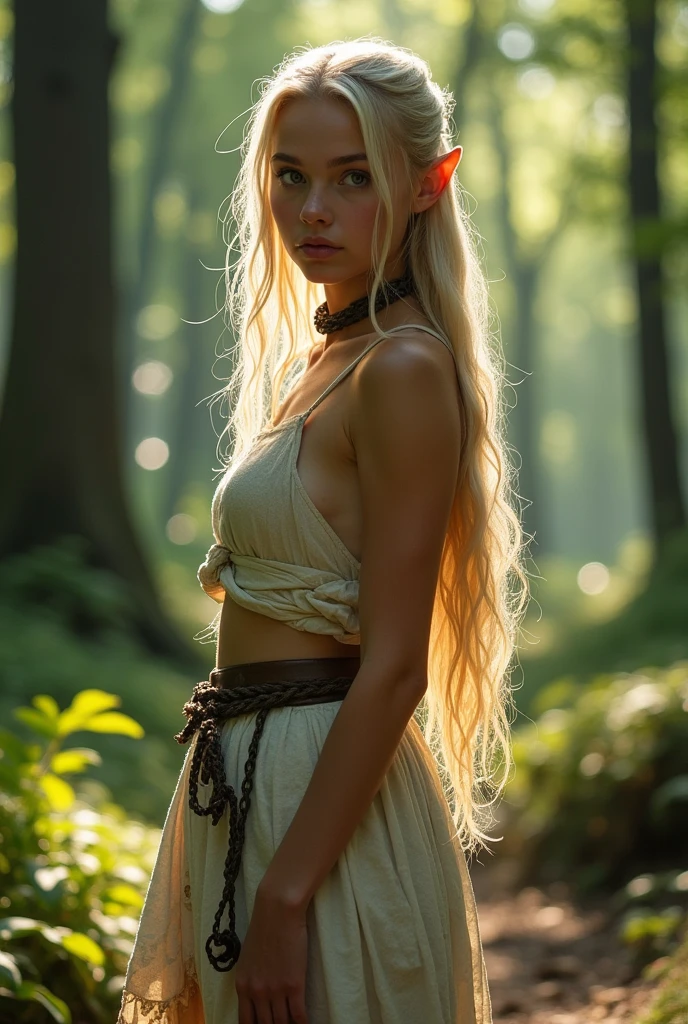 An 18 year old elf girl. The elf girl is wearing a dirty white rag that barely covers her cleavage-clad body and a thick iron slave collar.. The elf girl is blonde. The elf girl has big breasts. The elf girl is small, stomach 1.50 meters. The elf girl is facing the camera. The elf girl is in the middle of the forest at noon.