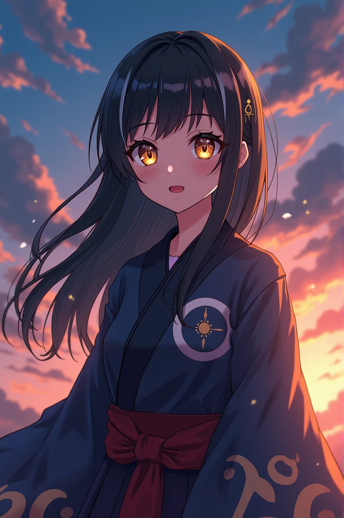 Create an anime image with the following descriptions A slim young girl around  and of average height.
Black hair with silver highlights, loose that extends around the back.
Heterochromatic eyes, one silver and the other gold with small drawings on them (Sun and moon).
Red lips She wears the demon slayer uniform along with a haori with a moon design