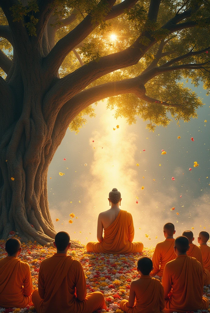 Under the Bodhi tree, Buddha meditated. (back to tree), xung quanh mình đức Phật tỏa ra ánh sáng hào quang, the Bodhisattvas, angel, the guardians, The monks all around looked at the Buddha.. Flowers in the sky and on the ground to celebrate the Buddha&#39;s dharma event. Specify net, wide angle.