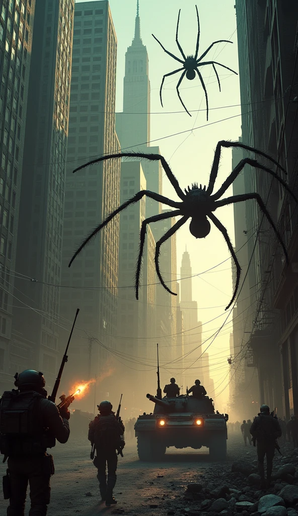 Images of buildings invaded by giant spiders Spider webs covered View of buildings surrounded by spiders The army focused on attacking the spiders with guns There were even tanks