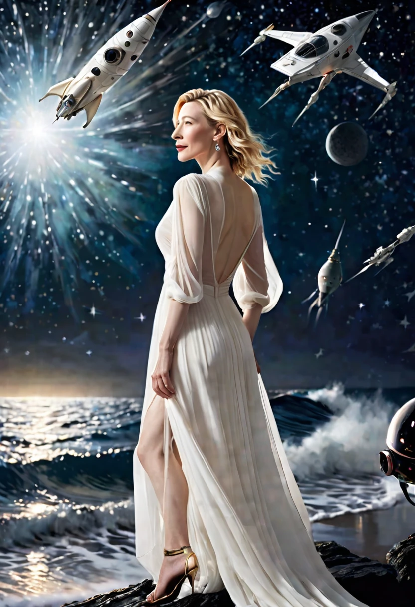 Cate Blanchett (age 25, airy sheer white elegant gown), camera low looking up at her butt and a starry sky, a few tiny space ships fly across the sky, lush ocean world
