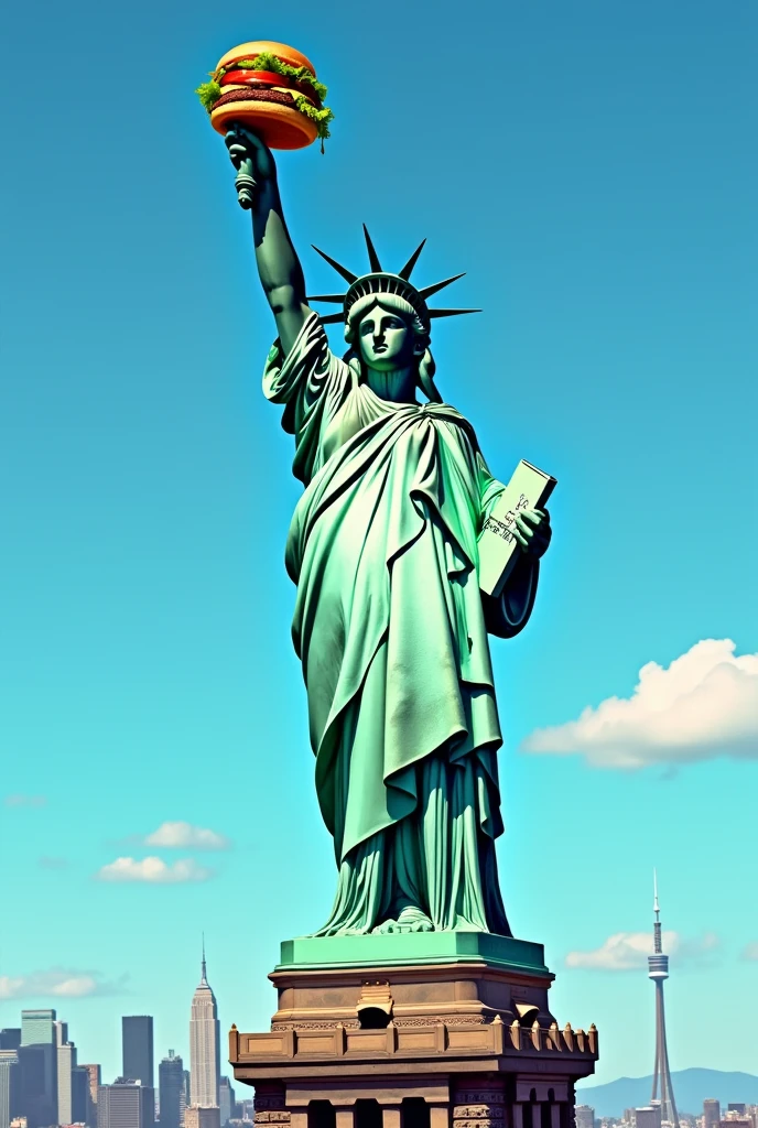 statue of liberty fat weightgain lie protruding nipples Holding a hamburger in each hand