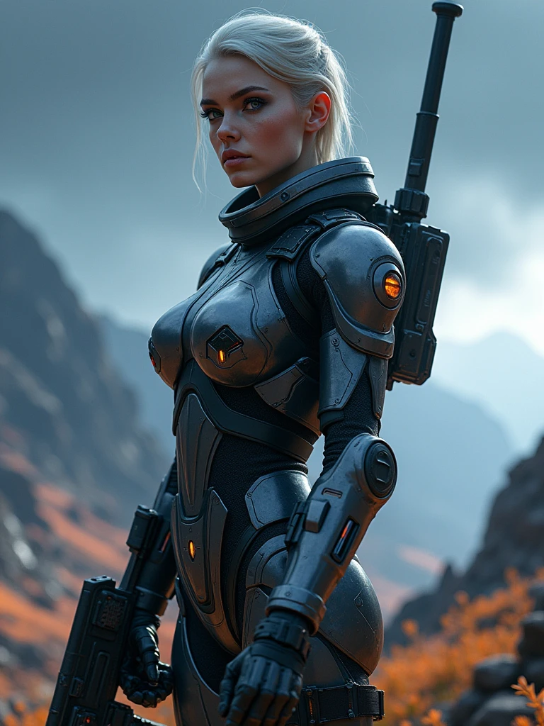 beautiful androgynous military woman, with heavy weapons, which combines science fiction elements with attractive aesthetics, Ultra realistic image, Best Quality