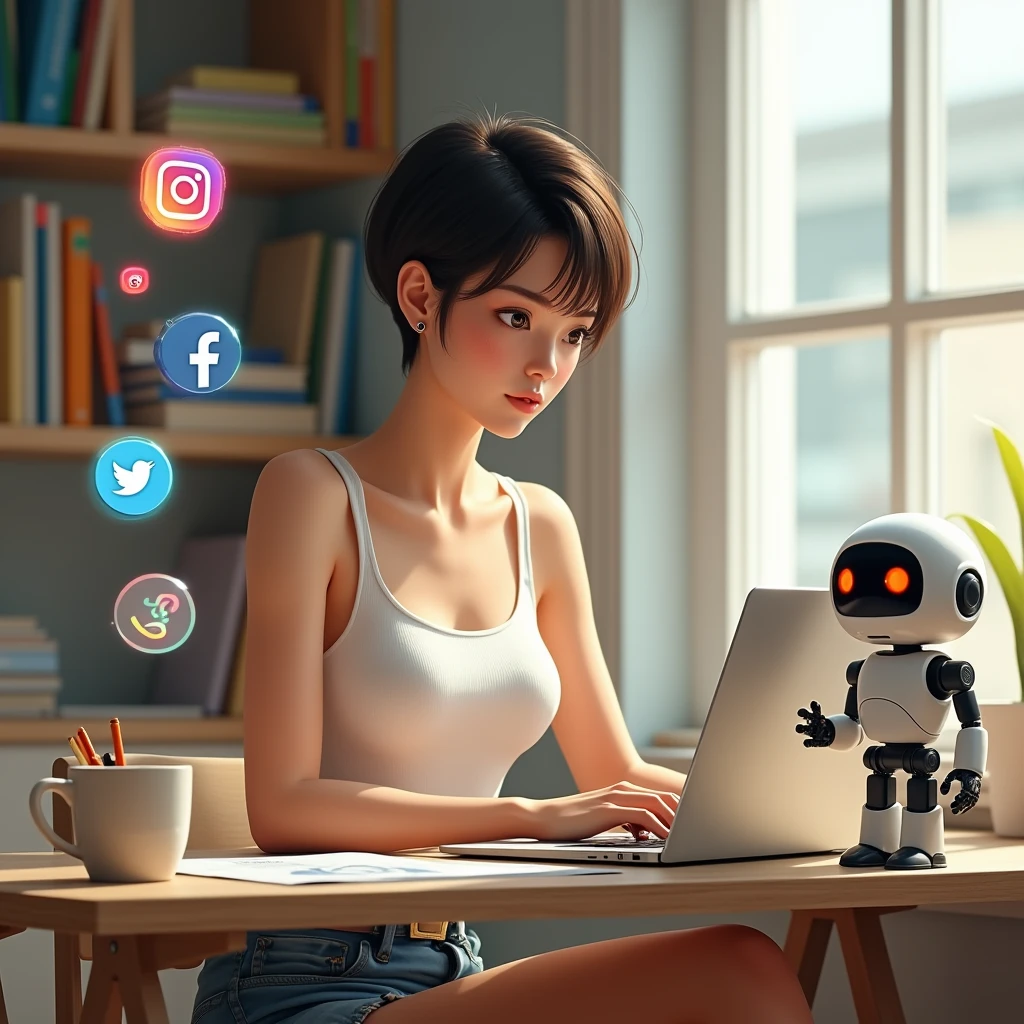 masterpiece, realistic, photorealistic, RAW photo, best quality, beautiful detailed, realistic lighting, sharp focus, depth of field, 
solo:1.4, full body, beautiful detailed, 20 years old beautiful girl, very short cut hair, white tank top, denim shorts, 
((She is working on a laptop at her desk in her bright room)), There is a coffee cup and a pen holder on the desk, 
abs, eyes open, (looking at viewer:1.2), best quality real texture skin, detailed beautiful delicate face and eyes, double eyelid, (smile), (white teeth), 
floating social media icons and notifications can be seen, a hologram of a small robot with a round face and red eyes floats next to her, a bookshelf filled with comics,