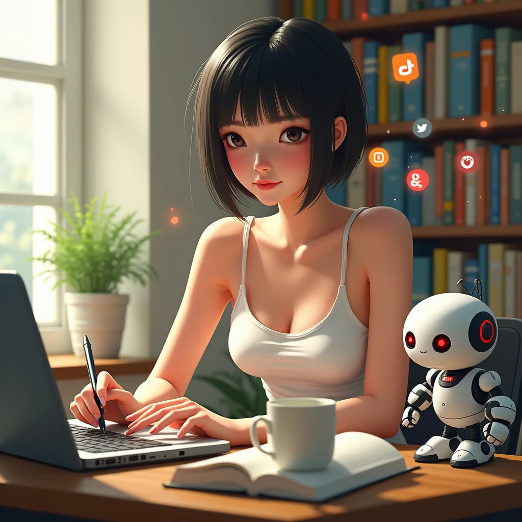 masterpiece, realistic, photorealistic, RAW photo, best quality, beautiful detailed, realistic lighting, sharp focus, depth of field,
solo:1.4, full body, beautiful detailed, 20 years old beautiful girl, very short cut hair, white tank top, denim shorts,
((She is working on a laptop at her desk in her bright room)), There is a coffee cup and a pen holder on the desk,
abs, eyes open, (looking at viewer:1.2), best quality real texture skin, detailed beautiful delicate face and eyes, double eyelid, (smile), (white teeth),
floating social media icons and notifications can be seen, a hologram of a small robot with a round face and red eyes floats next to her, a bookshelf filled with comics,