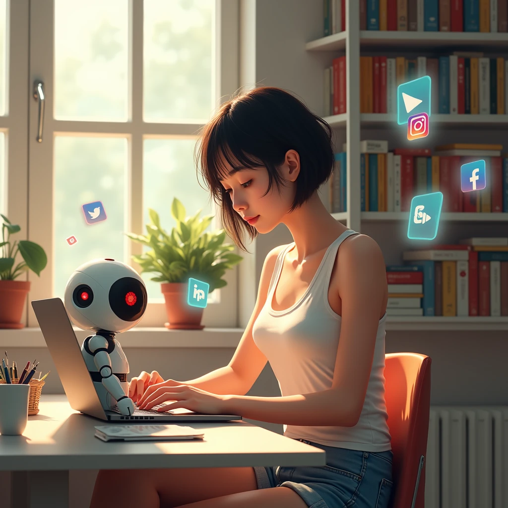 masterpiece, realistic, photorealistic, RAW photo, best quality, beautiful detailed, realistic lighting, sharp focus, depth of field,
solo:1.4, full body, beautiful detailed, 20 years old beautiful girl, very short cut hair, white tank top, denim shorts,
((She is working on a laptop at her desk in her bright room)), There is a coffee cup and a pen holder on the desk,
abs, eyes open, (looking at viewer:1.2), best quality real texture skin, detailed beautiful delicate face and eyes, double eyelid, (smile), (white teeth),
floating social media icons and notifications can be seen, a hologram of a small robot with a round face and red eyes floats next to her, a bookshelf filled with comics,