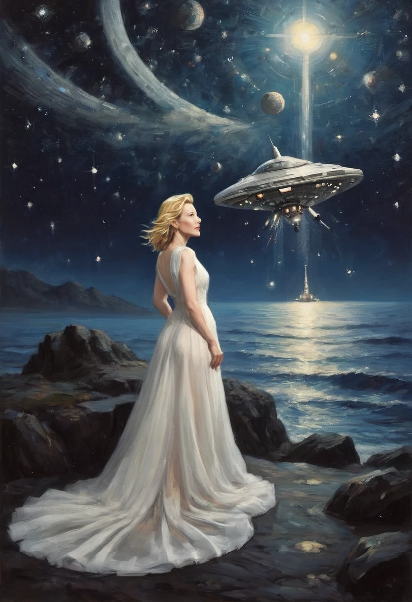 Cate Blanchett (age 25, airy sheer white elegant gown), camera low looking up at her butt and a starry sky, a few tiny space ships fly across the sky, lush ocean world