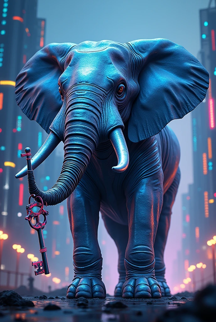 A standing cyber elephant with a key on its trunk with a cyber background 16*9 box