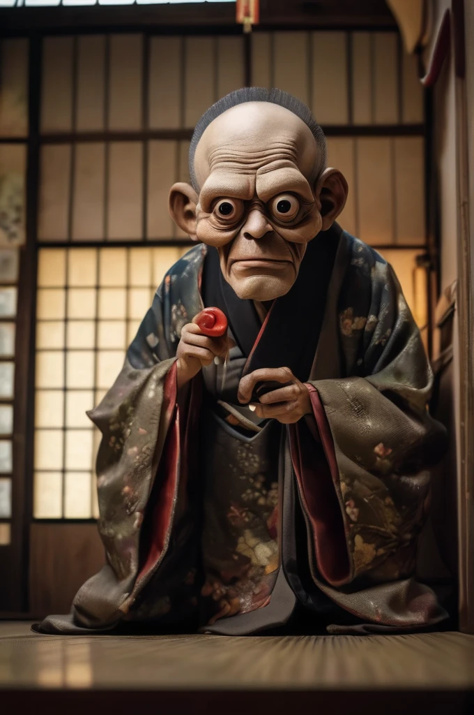 Inside the Japanese-style room、A thin old man wearing a kimono、Big headed monster、Shallow depth of field, Vignette, Very detailed, High budget, Bokeh, CinemaScope, Sulky, amazing, nice, Film Grain, granular . Creepy, Anxious, dark, Creepyな, Suspenseful, strict, Very detailed
