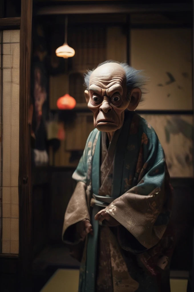 Inside the Japanese-style room、A thin old man wearing a kimono、Big headed monster、Shallow depth of field, Vignette, Very detailed, High budget, Bokeh, CinemaScope, Sulky, amazing, nice, Film Grain, granular . Creepy, Anxious, dark, Creepyな, Suspenseful, strict, Very detailed