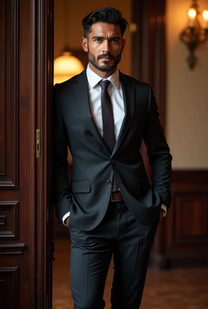 (fotorrealism:1.2)a brazilian gentleman,a handsome lawyer,(wearing a suit and white shirt), toned abdomen and full chest,show foot at the door.