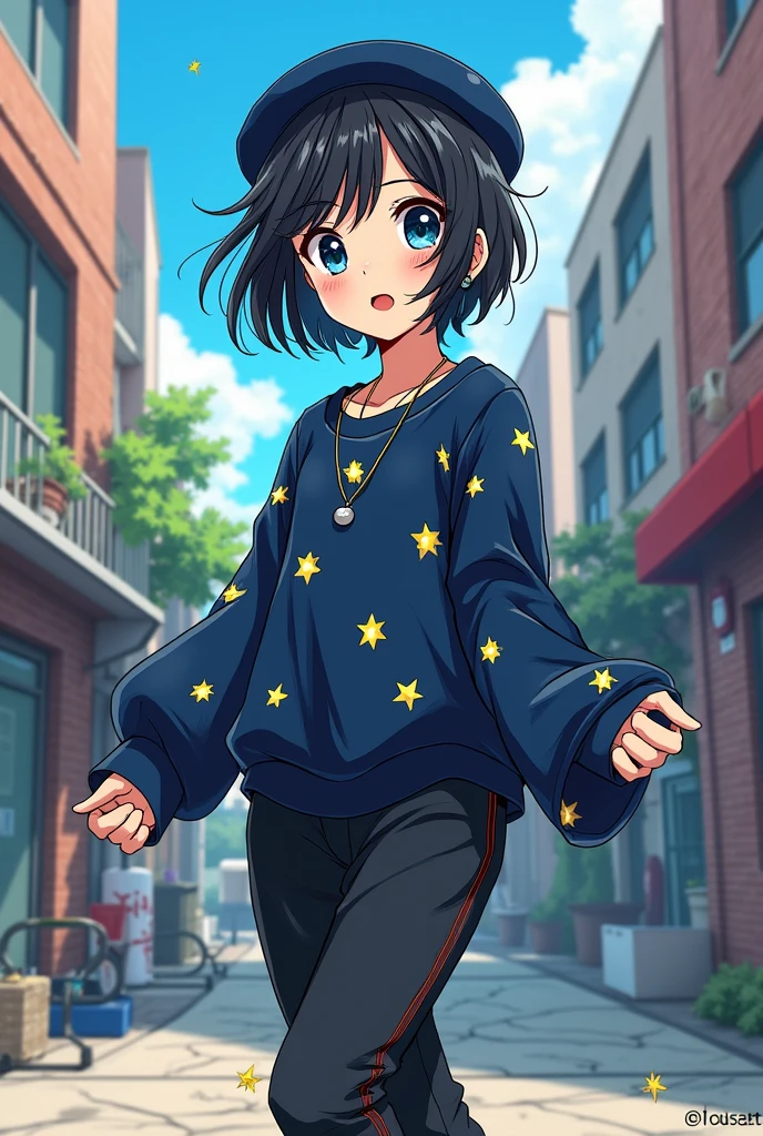 Make me a boku no hero style comic image, A white girl, , short black hair down to the back, has bangs but they don't cover her eyes and her hair is a little messy, her eyes are a little big and they are beautiful and they are like yumeno kyusaku's from bungo stray dogs, and they are dark blue in color with a star inside one and a circle inside the other, She is wearing a blouse like the one in the movie Coraline, dark blue with stars, that reaches up to the neck and has long, thick sleeves that cover some of the palms of the hands, a black jogger pants and a blue all star sneakers. She is wearing a small silver earring and a thin black belt., a navy blue beret and a thin gold necklace. Her nails are painted black and they are out of her pants., and stand up and do it full body.