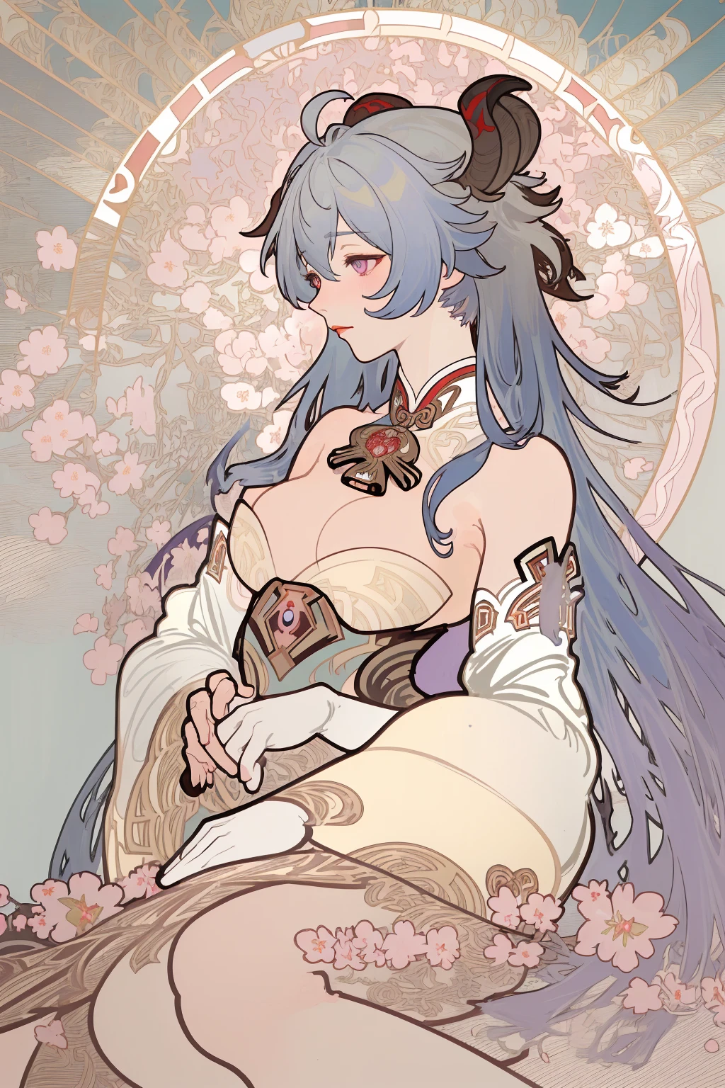 White skin, (Fox ears), Exquisite eyes,Red Eyeshadow, Red lips,Fake laugh, Ukiyo-e, masterpiece, ((high quality)), shirtlift, at the lowest limit, Tiny,White boots，Huge breasts, red nipples,，Bare shoulders，，Lace，Lace stockings，Lace skirt, Art Nouveau Style, poster in a theater, (((art by alphonse mucha))), upper body, blush, profile ,(masterpiece, finely detailed beautiful eyes: 1.2), 1girl, solo, beautiful, small details, ultra detailed, best quality, intricate, sharp, digital illustration, detailed, ((cherry blossoms)), ganyu \(genshin impact\), 1girl, ahoge, bangs, bare shoulders, bell, black gloves, ((light blue hair)), blush, breasts, chinese knot, detached sleeves, flower knot, gloves, (red ram horns), long hair, medium breasts, neck bell, night, outdoors, purple eyes, sidelocks, solo, tassel, white sleeves, ((masterpiece)), curly hair