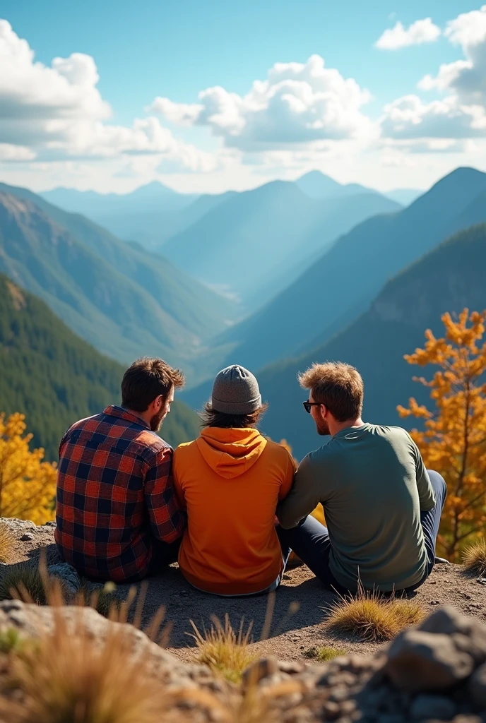 Three of a bros chilling on the top of the mountain looking at the beautiful forest view realistic photo