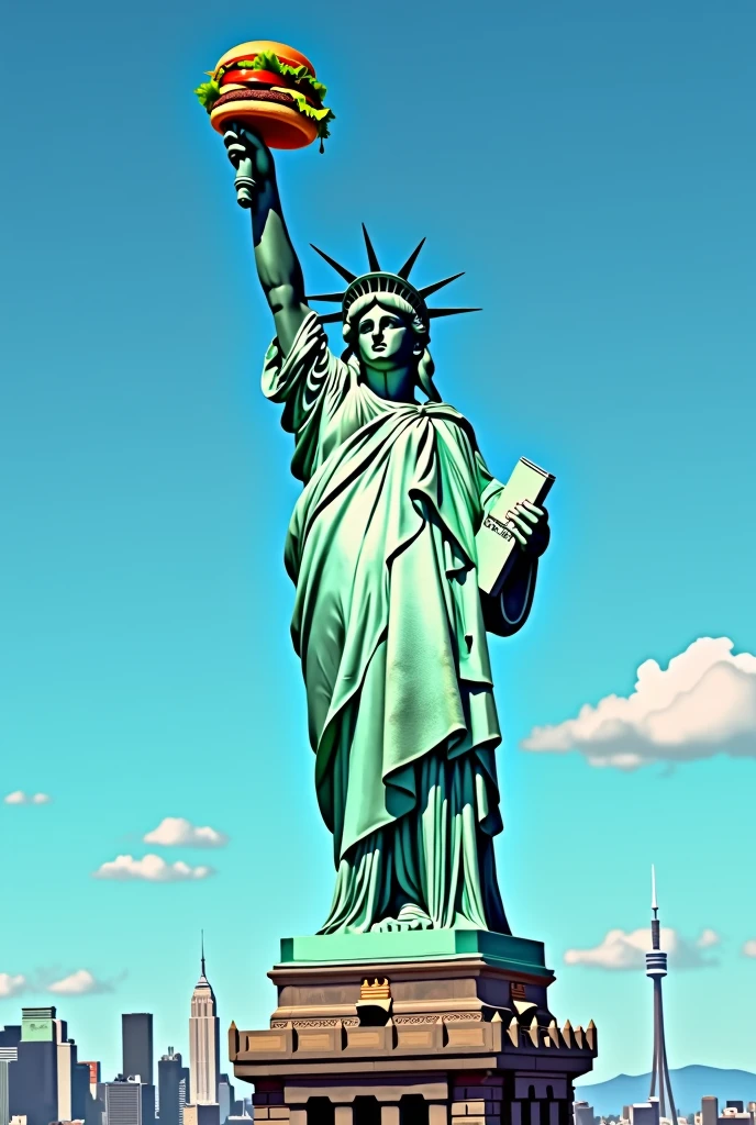 statue of liberty fat weightgain lie protruding nipples Holding a hamburger in each hand