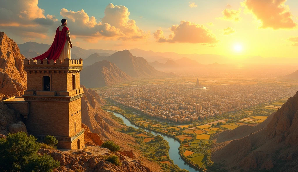 Create an image of a prosperous Israel surrounded by different types of landscapes – mineral-rich mountains, rivers full of fish, and productive agricultural fields. Each landscape represents a form of investment, and the city in the center symbolizes the wealth and prosperity that result from a diversified strategy. Solomon can be seen from the top of a tower or hill, with a panoramic view of the city and the various sources of wealth around it, planning how to expand and protect your resources.