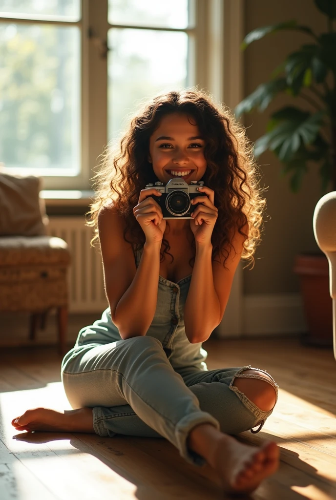 A brunette girl with curly hair and big breasts sits with her legs stretched out, taking a realistic photo