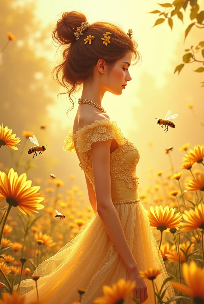 Create an illustration set inspired by a perfume with a sweet, honey-like fragrance. Design a fairy tale-style outfit that blends seamlessly with modern elements, combining Victorian elegance with contemporary beauty. The outfit should include a short dress that is both functional and stylish, with a connection between bees and the perfume