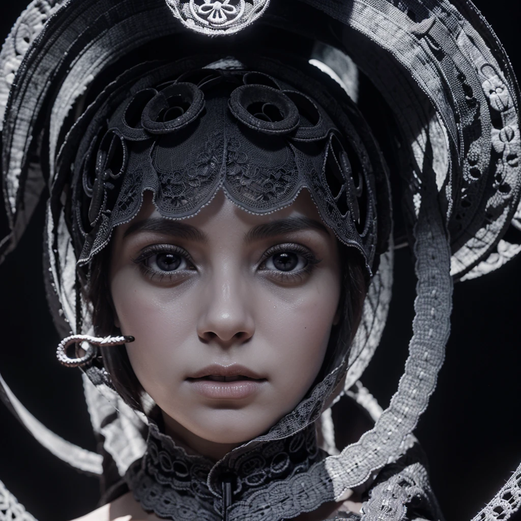 Image is a digital artwork featuring a central white skull-like figure with large, hollow eyes and a small, open mouth. The skull has intricate, lace-like patterns on its forehead and three circular symbols arranged vertically above the eyes. Below the skull, there are dripping, tentacle-like extensions. The background is solid black, with a circular arrangement of ornate, floral and geometric designs surrounding the central figure. At the top center of the circle, there is a small, purple, glowing symbol resembling an eye. The overall style is dark and gothic, with a focus on contrast between the white central figure and the black background.
