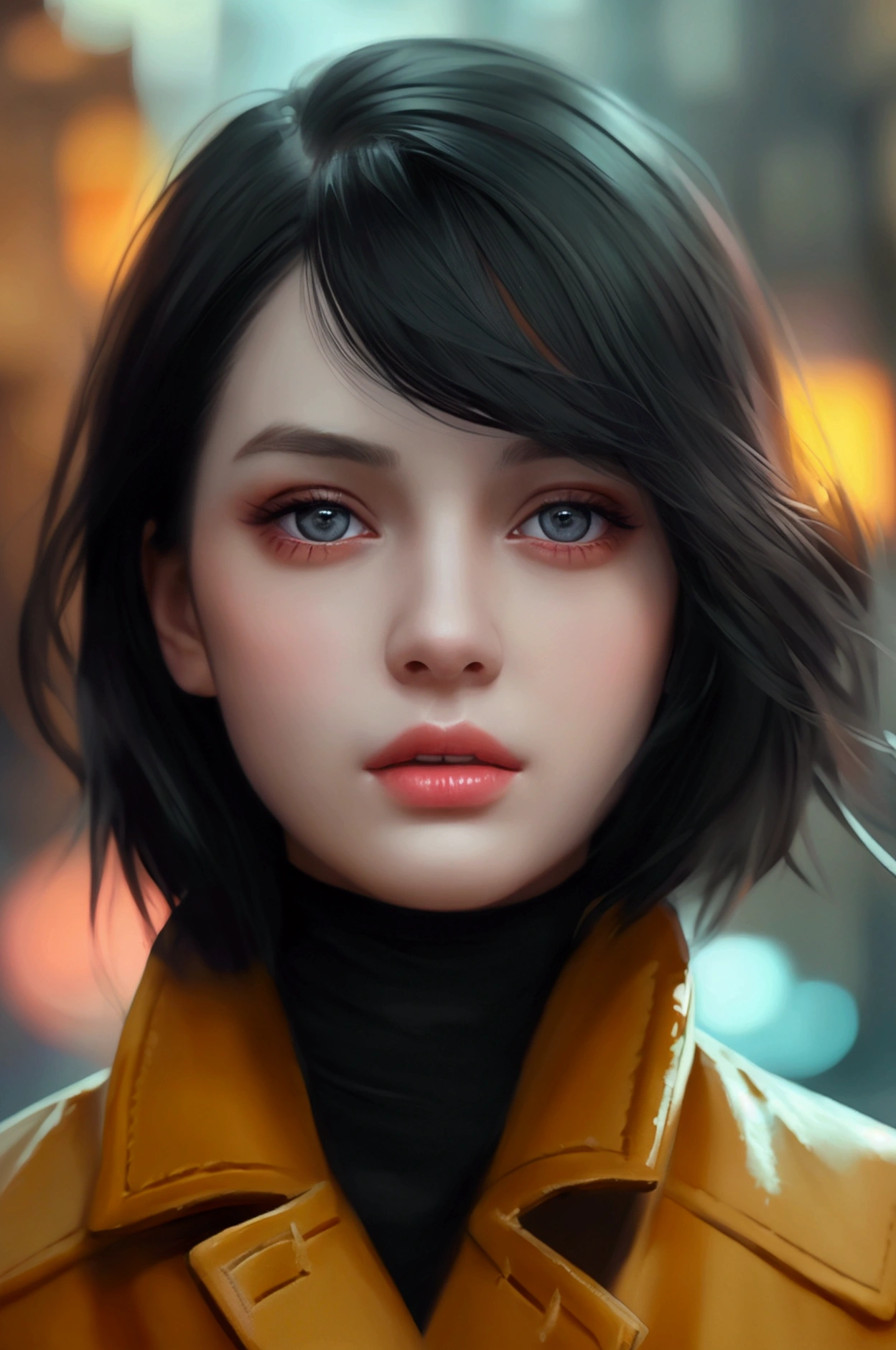 Beautiful girl with realistic black eyes, Pale skin, Medium length black hair, Perfect Face, Perfect Eyes, Wearing a coat, Very detailed, Overall Movie, Digital Painting, 8k, Cinema Lighting, Highest quality, High resolution, Detailed work, Post-processing, Perfect results, Ultra-realistic