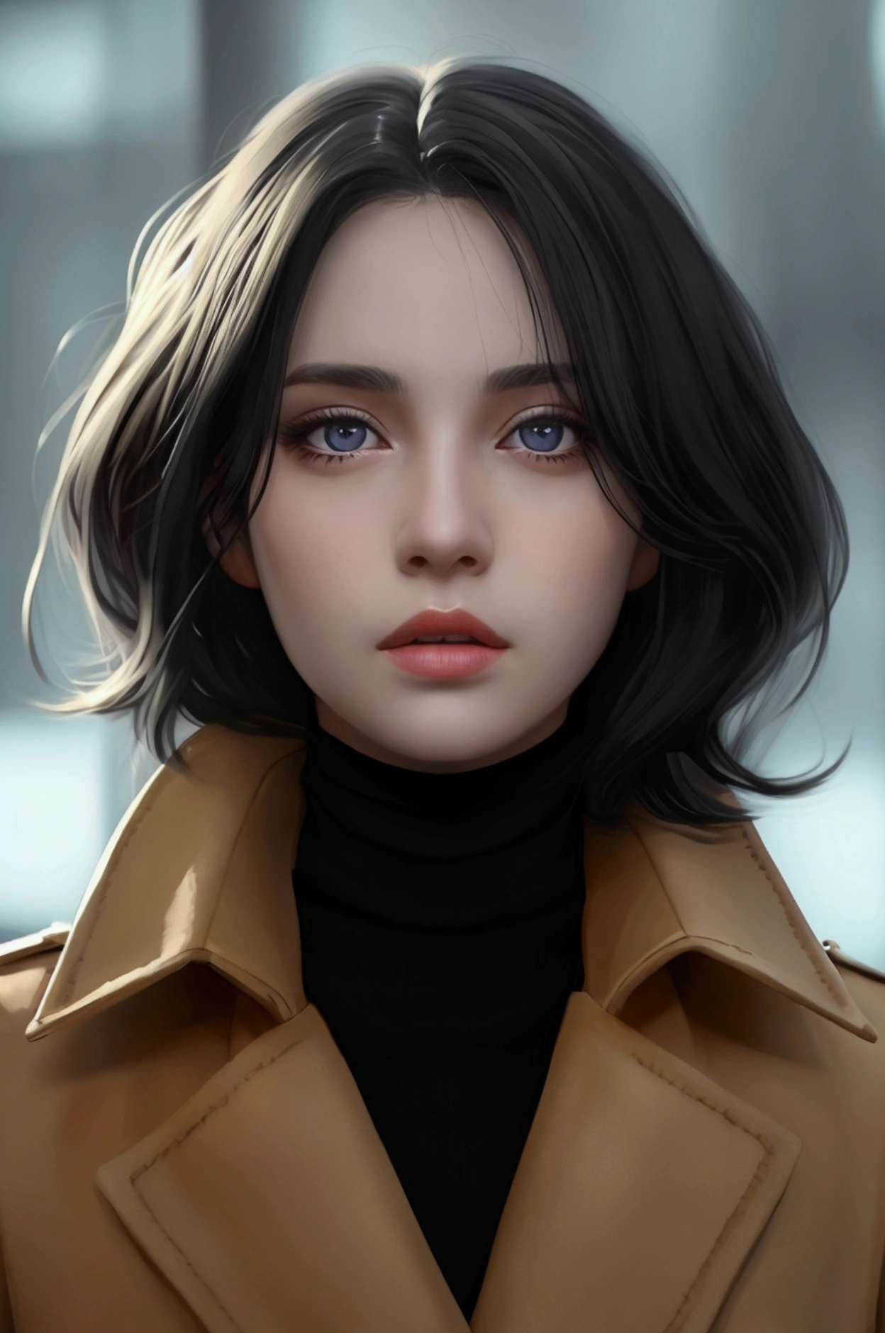 Beautiful girl with realistic black eyes, Pale skin, Medium length black hair, Perfect Face, Perfect Eyes, Wearing a coat, Very detailed, Overall Movie, Digital Painting, 8k, Cinema Lighting, Highest quality, High resolution, Detailed work, Post-processing, Perfect results, Ultra-realistic