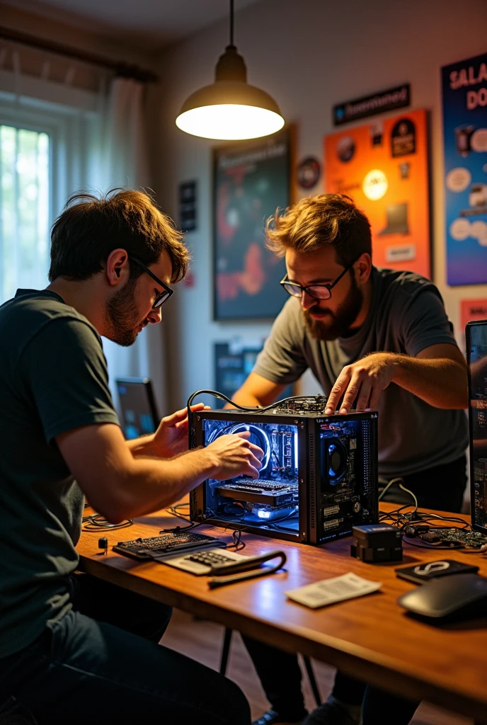 Two guys are assembling a system unit in a room