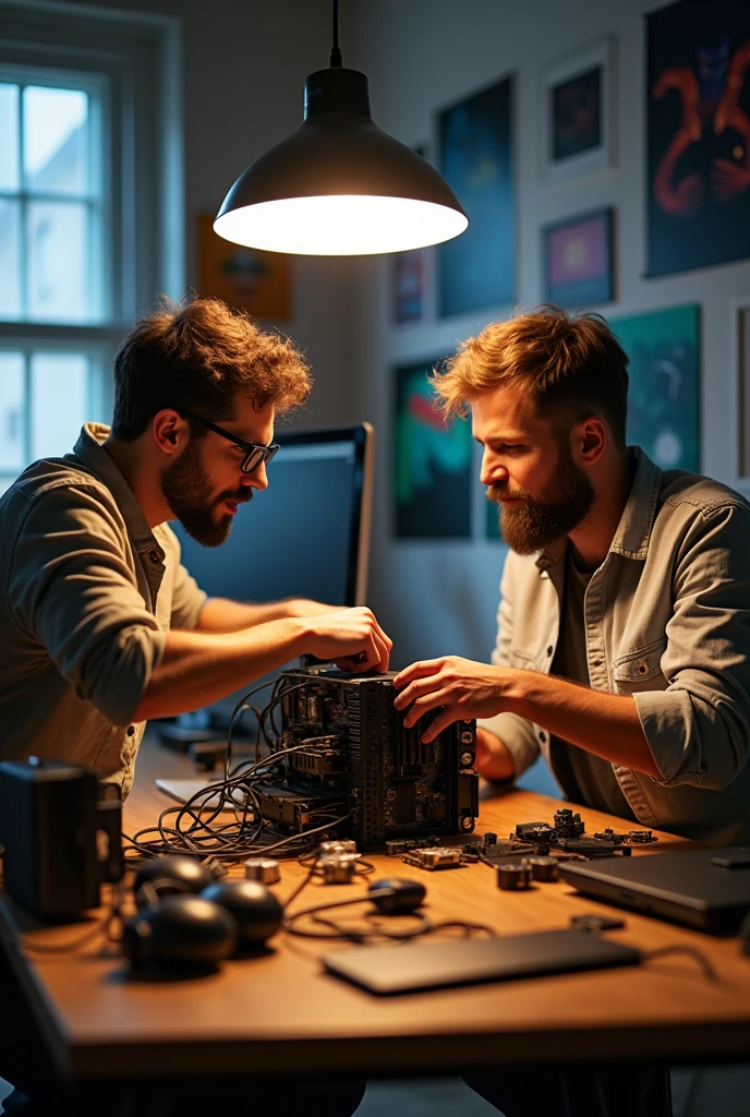 Two guys are assembling a system unit in a room