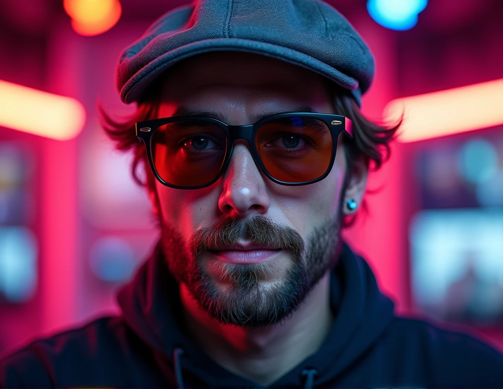 Front View, Centered,Ultra-realistic RAW portrait of a 40-year-old man YouTuber who with brown hair and wears a gray baseball cap, modern black glasses with burnt brown lenses, a small earring in his left ear, and a summer dji outfit, reimagined in a youtube channel setting. The scene takes place in a youtube studio. The man has visible cybernetic enhancements on his body. The lighting should feature vibrant neon colors and dramatic contrasts to highlight the intricate details of your costume, the texture of your beard, and the futuristic environment. Photographed with a professional DSLR camera to capture fine details and depth.