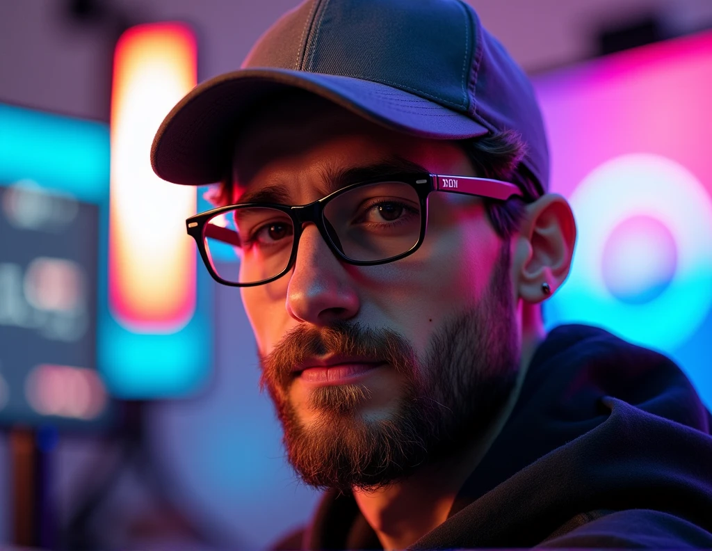 Front View, Centered,Ultra-realistic RAW portrait of a 40-year-old man YouTuber who with brown hair and wears a gray baseball cap, modern black glasses with burnt brown lenses, a small earring in his left ear, and a summer dji outfit, reimagined in a youtube channel setting. The scene takes place in a youtube studio. The man has visible cybernetic enhancements on his body. The lighting should feature vibrant neon colors and dramatic contrasts to highlight the intricate details of your costume, the texture of your beard, and the futuristic environment. Photographed with a professional DSLR camera to capture fine details and depth.