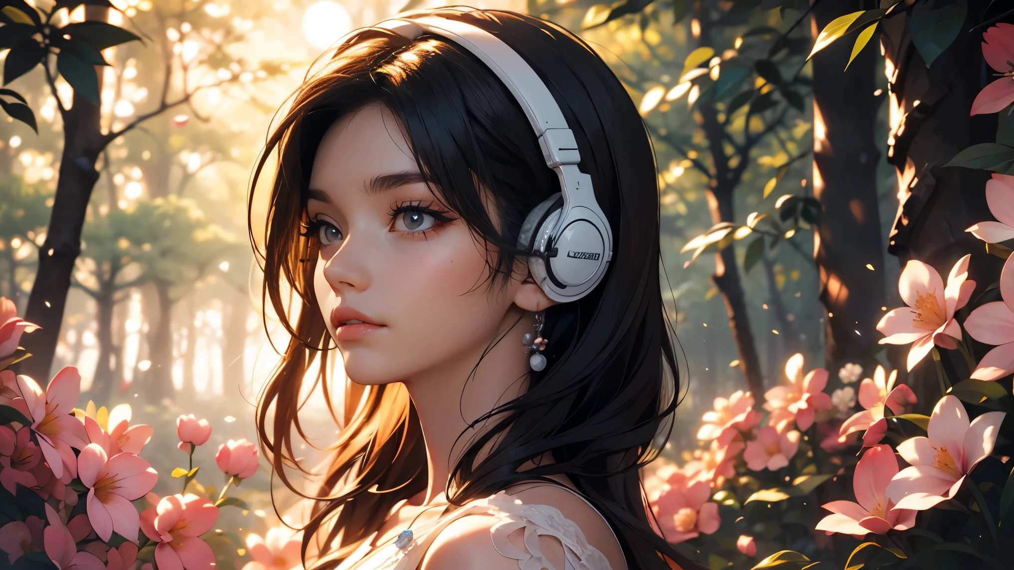 night in the blossom forest, a beautiful young girl wear headphone falling in love, walking through a blossom forest at midnight, (best quality,4k,8k,highres,masterpiece:1.2),ultra-detailed,(realistic,photorealistic,photo-realistic:1.37),extremely detailed face and eyes, gorgeous detailed lips, long eyelashes, flowing hair, delicate facial features, elegant dress, graceful movement, dark soft lighting, glowing moonlight, ethereal atmosphere, lush forest, blooming flowers, mist and fog, dreamlike and romantic