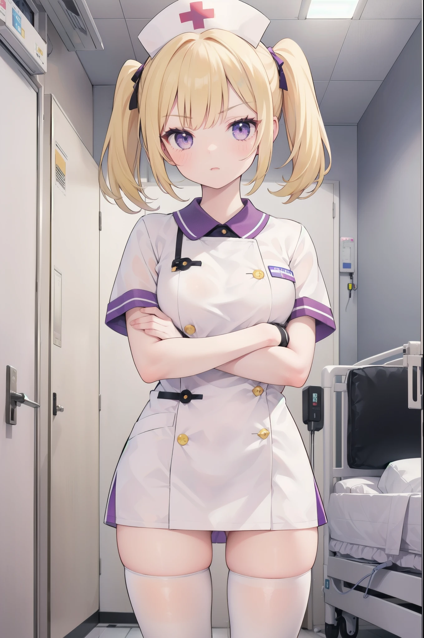 1girl, solo, nurse, nurse cap, white wear, ((white legwear, zettai ryouiki)), white gloves, twintails, yellow hair, purple eyes, angry, crossed arms, standing, ((hospital room)), sharp outline, short sleeves, best quality, masterpiece