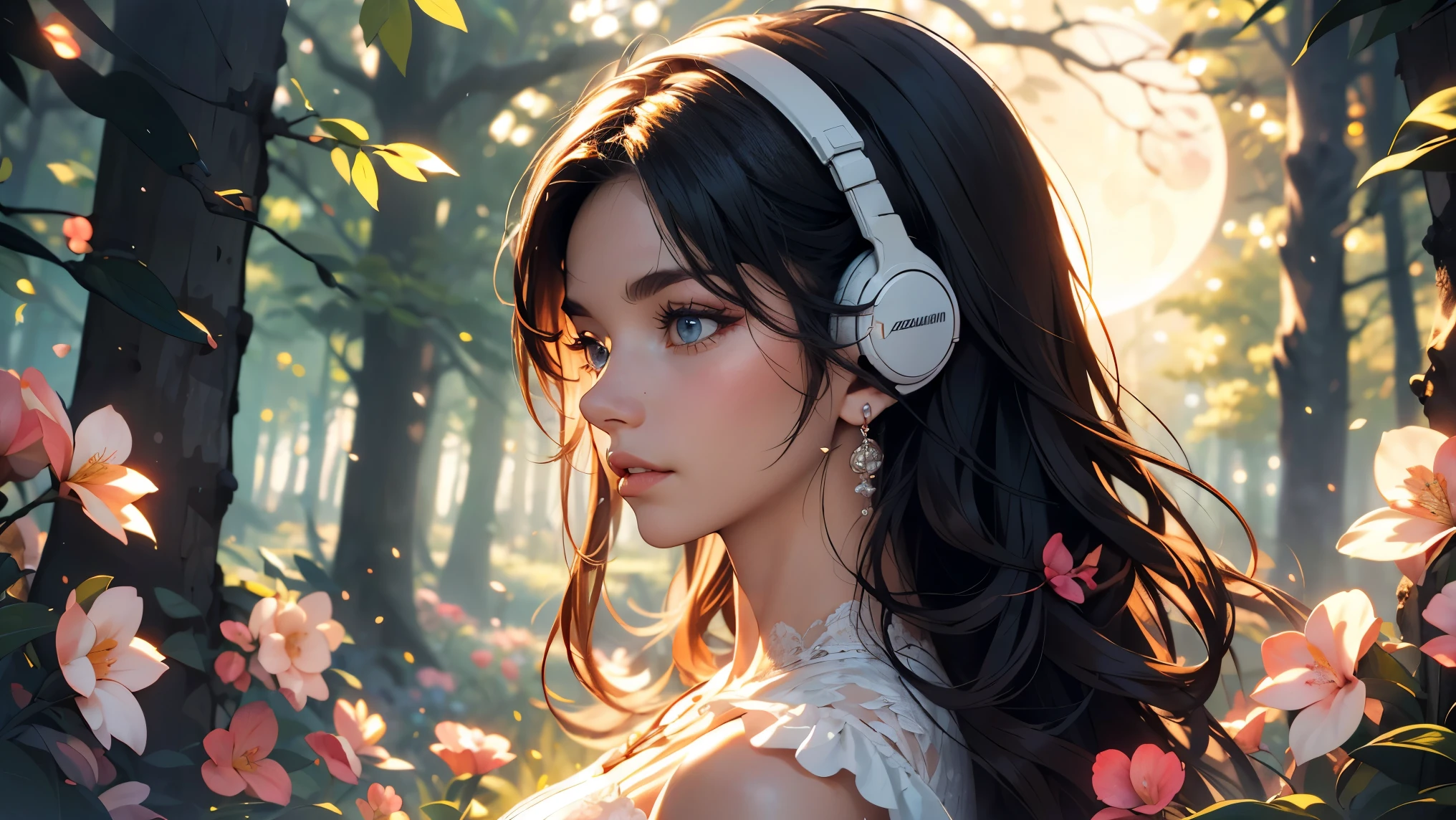night in the blossom forest, a beautiful young girl wear headphone falling in love, walking through a blossom forest at midnight, (best quality,4k,8k,highres,masterpiece:1.2),ultra-detailed,(realistic,photorealistic,photo-realistic:1.37),extremely detailed face and eyes, gorgeous detailed lips, long eyelashes, flowing hair, delicate facial features, elegant dress, graceful movement, dark soft lighting, glowing moonlight, ethereal atmosphere, lush forest, blooming flowers, mist and fog, dreamlike and romantic