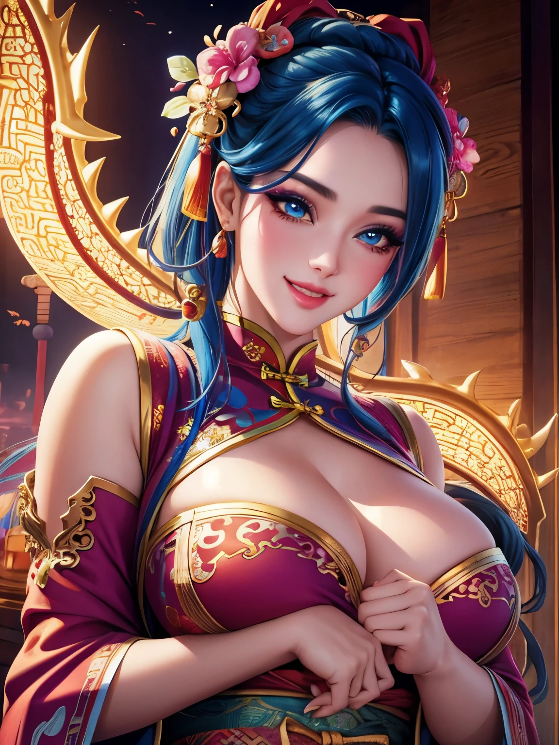 1 girl, best quality, 8k, hyperrealistic, masterpiece, beautiful detailed eyes, beautiful detailed lips, extremely detailed face, long eyelashes, happy expression, joyful, smiling, playing with a chinese dragon, bright, colorful, fantasy, magical, whimsical, vibrant colors, dynamic lighting, cinematic, ethereal