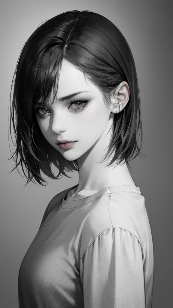 1girl, solo, sharp eyes, monochrome, greyscale, short black hair, portrait, T-shirt, closed mouth, looking at viewer, sketch, graphite \(medium\), detailed lips, hatching \(texture\), without makeup, bangs, upper body, (best illustration), (best quality), (very detailed), (masterpiece), 30 year girl, 