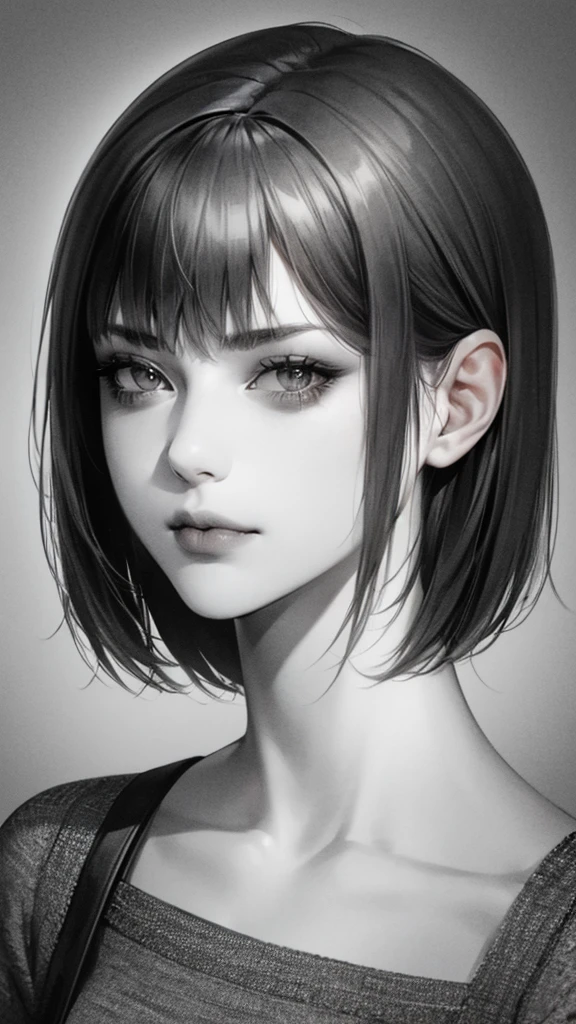 1girl, solo, sharp eyes, monochrome, greyscale, short black hair, portrait, T-shirt, closed mouth, looking at viewer, sketch, graphite \(medium\), detailed lips, hatching \(texture\), without makeup, bangs, upper body, (best illustration), (best quality), (very detailed), (masterpiece), 30 year girl,