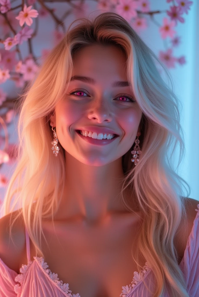 Soft Light, Gentle colors, Romanticism, Sparkle Effect, fluorescence, accessories, 360° View, smile, Pink eyes, Bright Eyes, smile, chest, Crystal Earrings, Long Hair, Blonde, Gradient color hairstyle, Winner of numerous awards, High resolution, High-resolution model, Ultra high definition, Textured skin, Textured skin, One person, solo, Gaze, teeth, Decorative art, masterpiece, Highest quality,