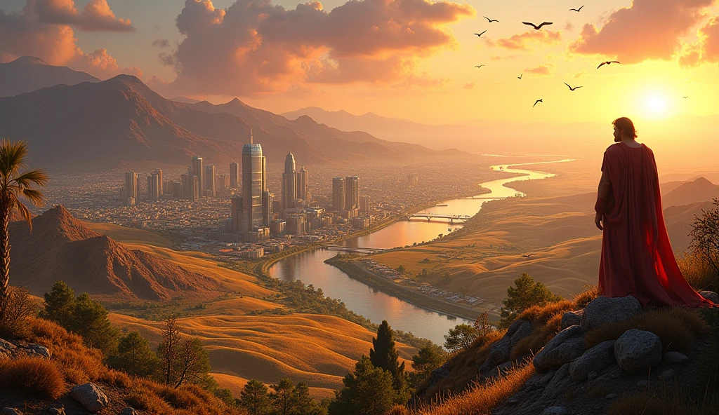 Create a hyper-realistic image of a prosperous Israel surrounded by different types of landscapes – mineral-rich mountains, rivers full of fish, and productive agricultural fields. Each landscape represents a form of investment, and the city in the center symbolizes the wealth and prosperity that result from a diversified strategy. Solomon can be seen from the top of a tower or hill, with a panoramic view of the city and the various sources of wealth around it, planning how to expand and protect your resources.